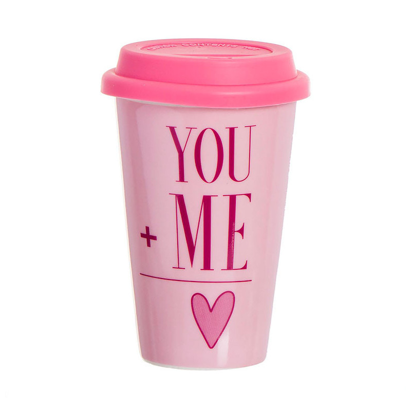 Taza térmica con frase romántica You+Me, color rosa