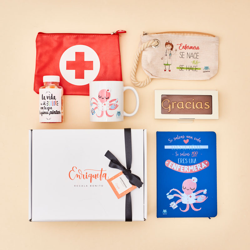 Regalos para Enfermeras Originales, pack con neceser, portatodo, chocolate, libreta, taza y bote de gominolas