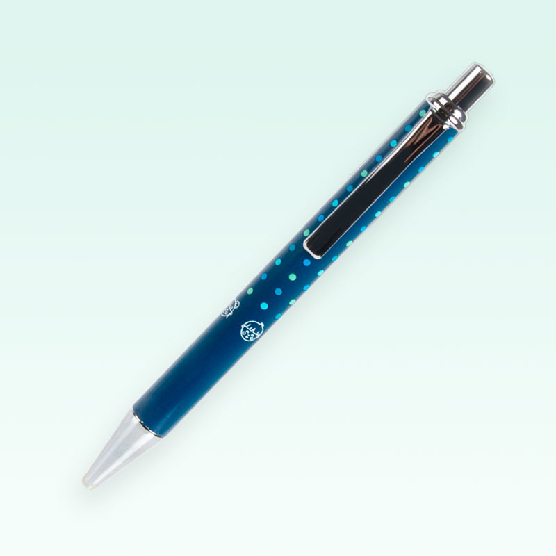 Bolígrafo solidario metálico UNICEF, color azul y topos turquesas