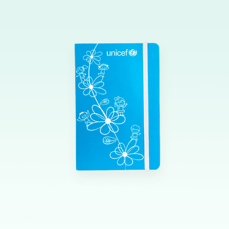 Cuaderno UNICEF azul A6 con ilustraciones infantiles