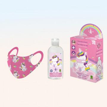 Kit mascarilla higiénica reutilizable infantil rosa con gel hidroalcohólico