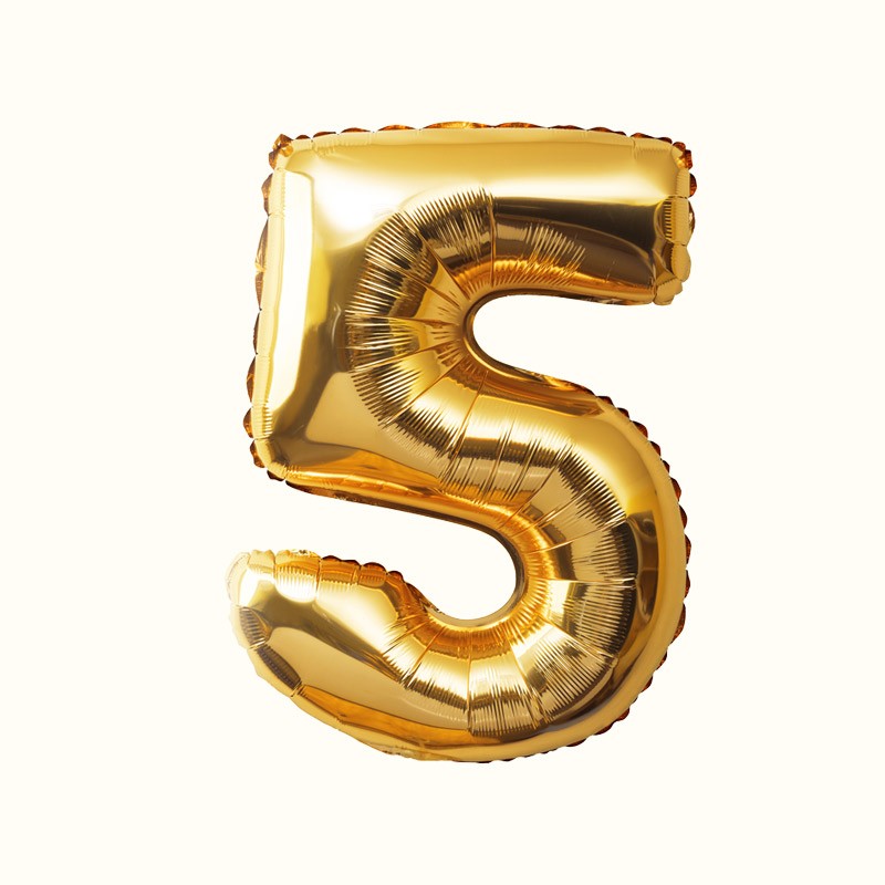 Globo número 5 dorado, especial cumpleaños y aniversarios, tamaño gigante