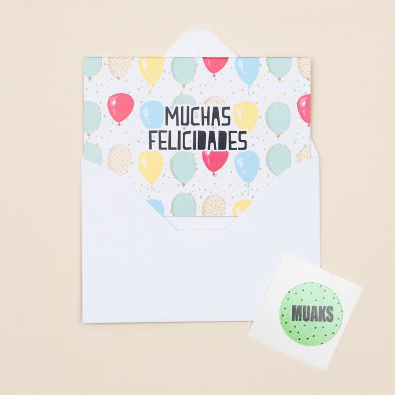 Tarjeta «Muchas Felicidades» con ilustración de globos de Happy Mots