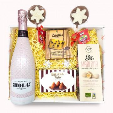 Mini cesta de Navidad con Cava Hola, chocolates y panettone