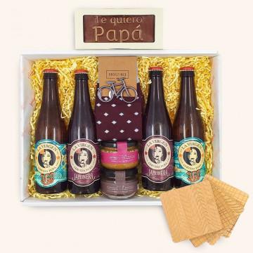 Caja regalo sorpresa con cerveza, picoteo, chocolate y calcetines para papá