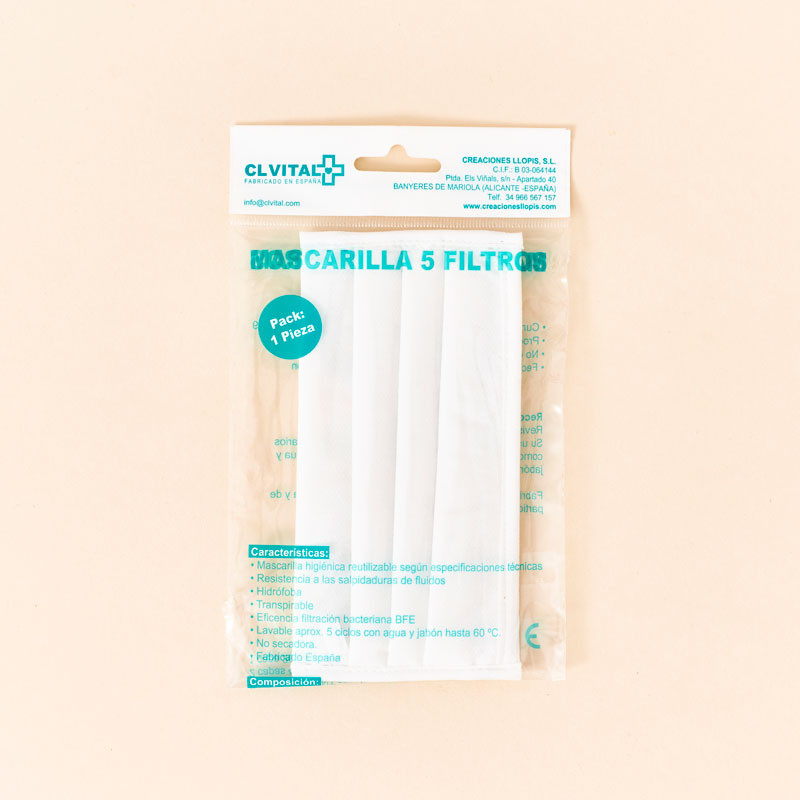 Mascarilla higiénica reutilizable Blanca 5 filtros CL Vital