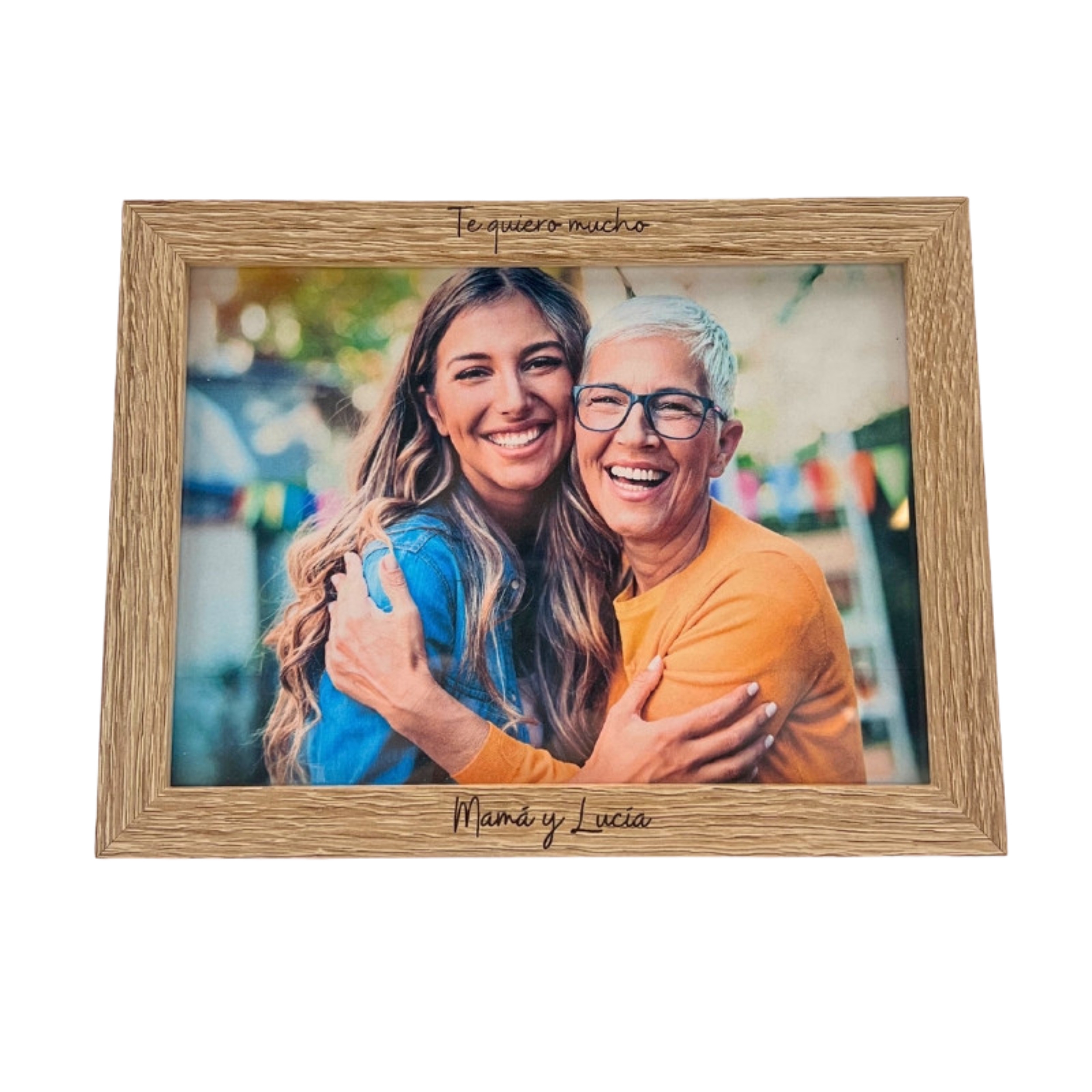 Imagen de cuadro de fotos de madera con diseño personalizado de texto e imagen de dos mujer abrazándose