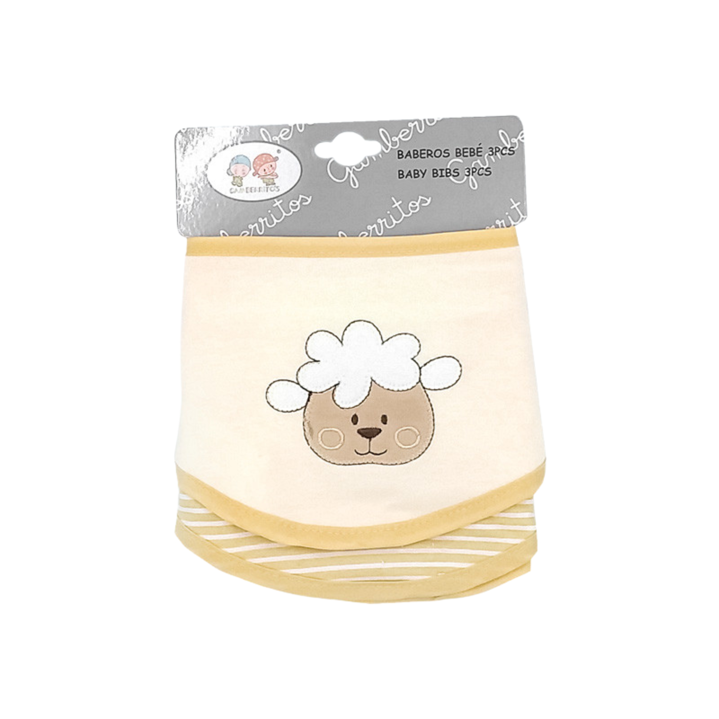 Imagen de pack tres bandanas para bebé color amarillo con el diseño de la cara de una oveja image number null