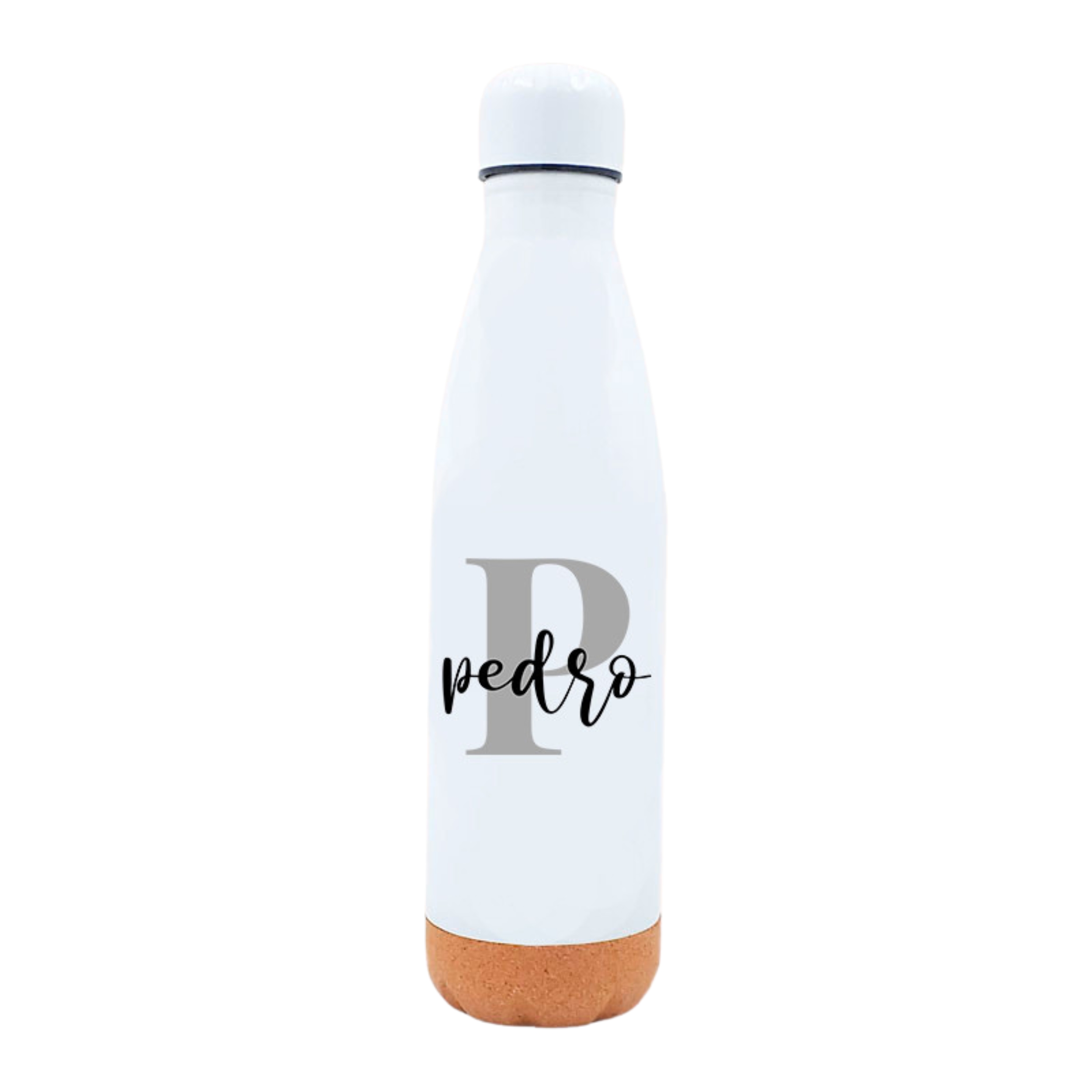 Imagen de botella térmica personaliza con con nombre de Pedro en color negro y una P grande en color gris image number null