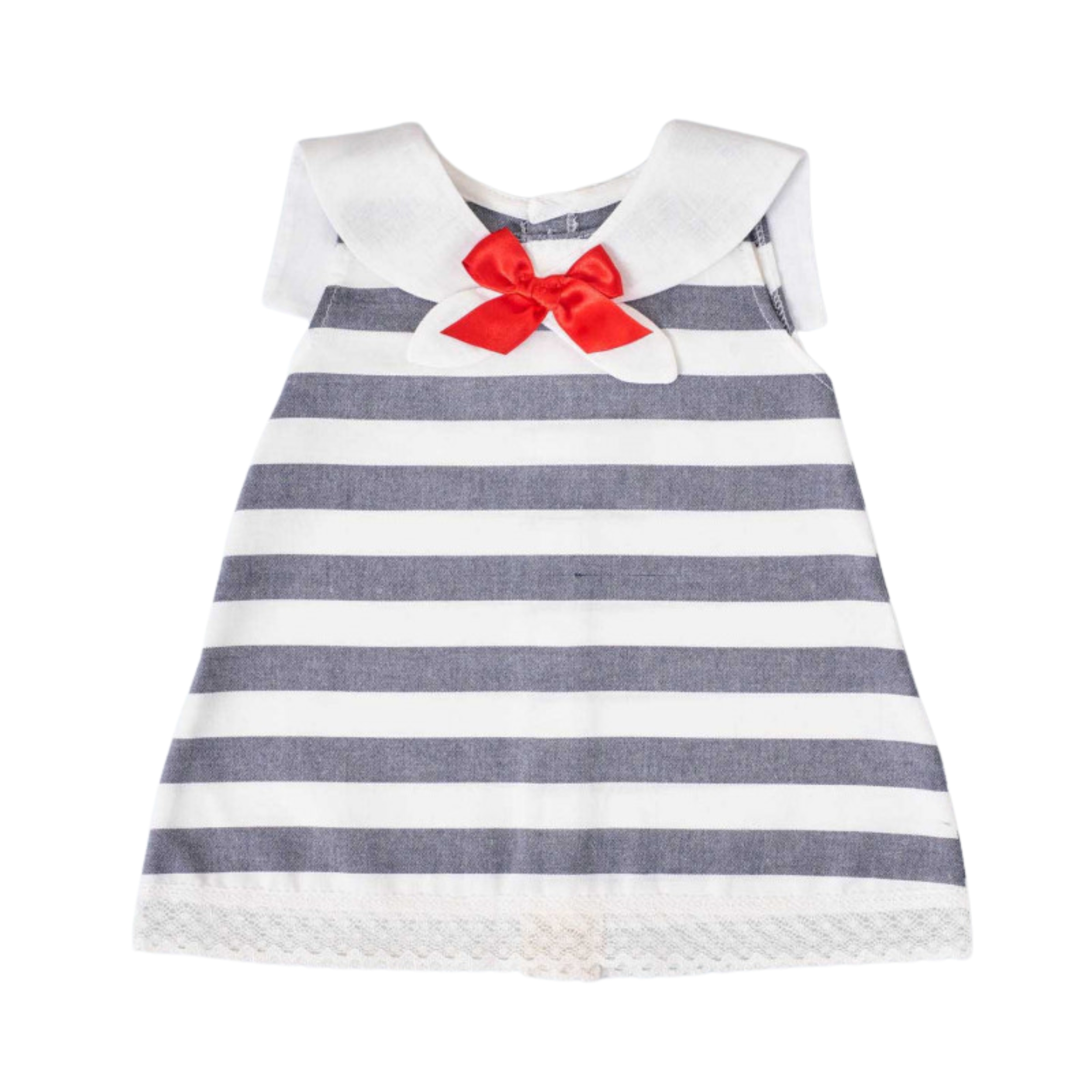 Imagen de vestido marinero bebé niña Juliana en color blanco y azul con un lazo rojo image number null