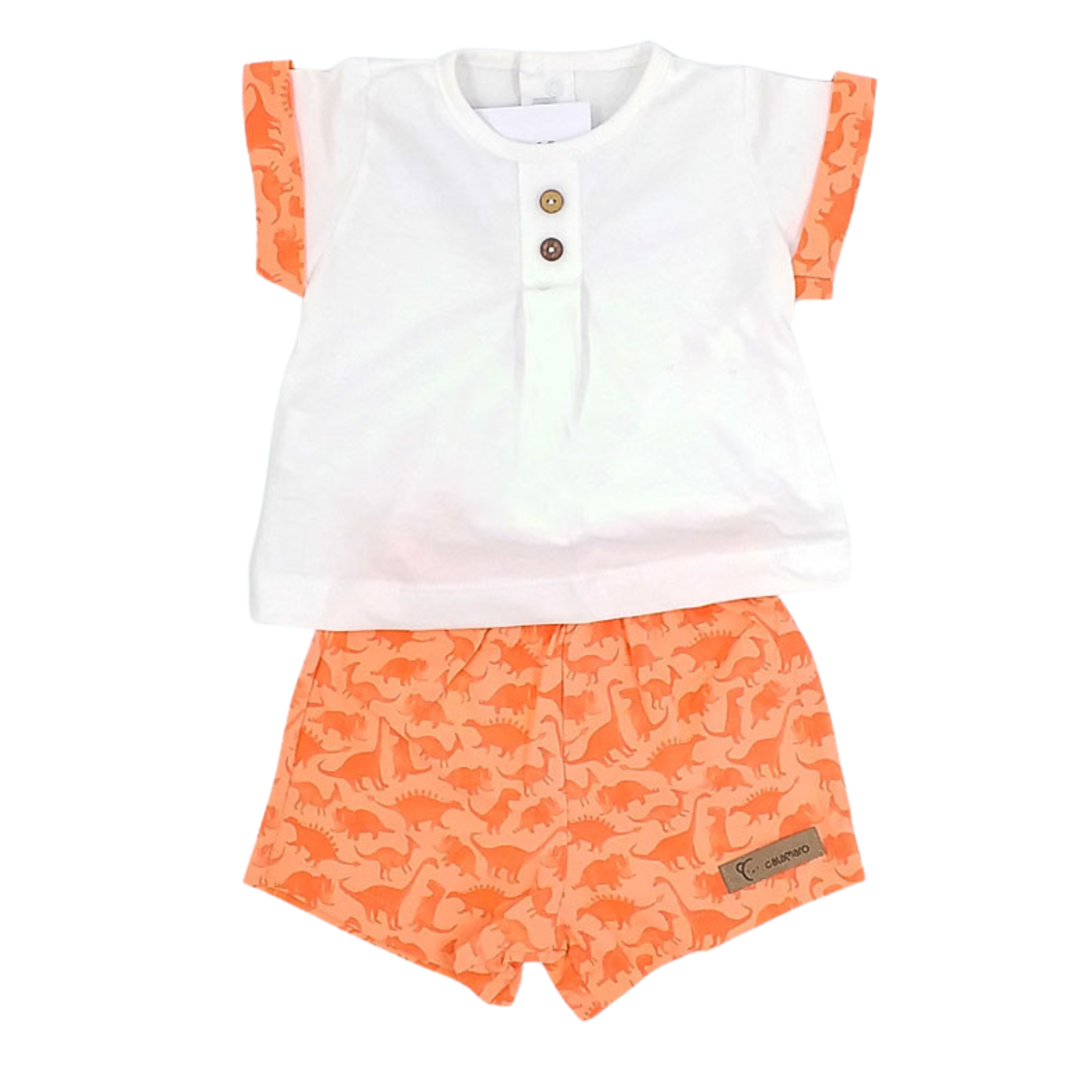 Imagen de conjunto de camiseta blanca con mangas y pantalón naranjas con dibujos image number null