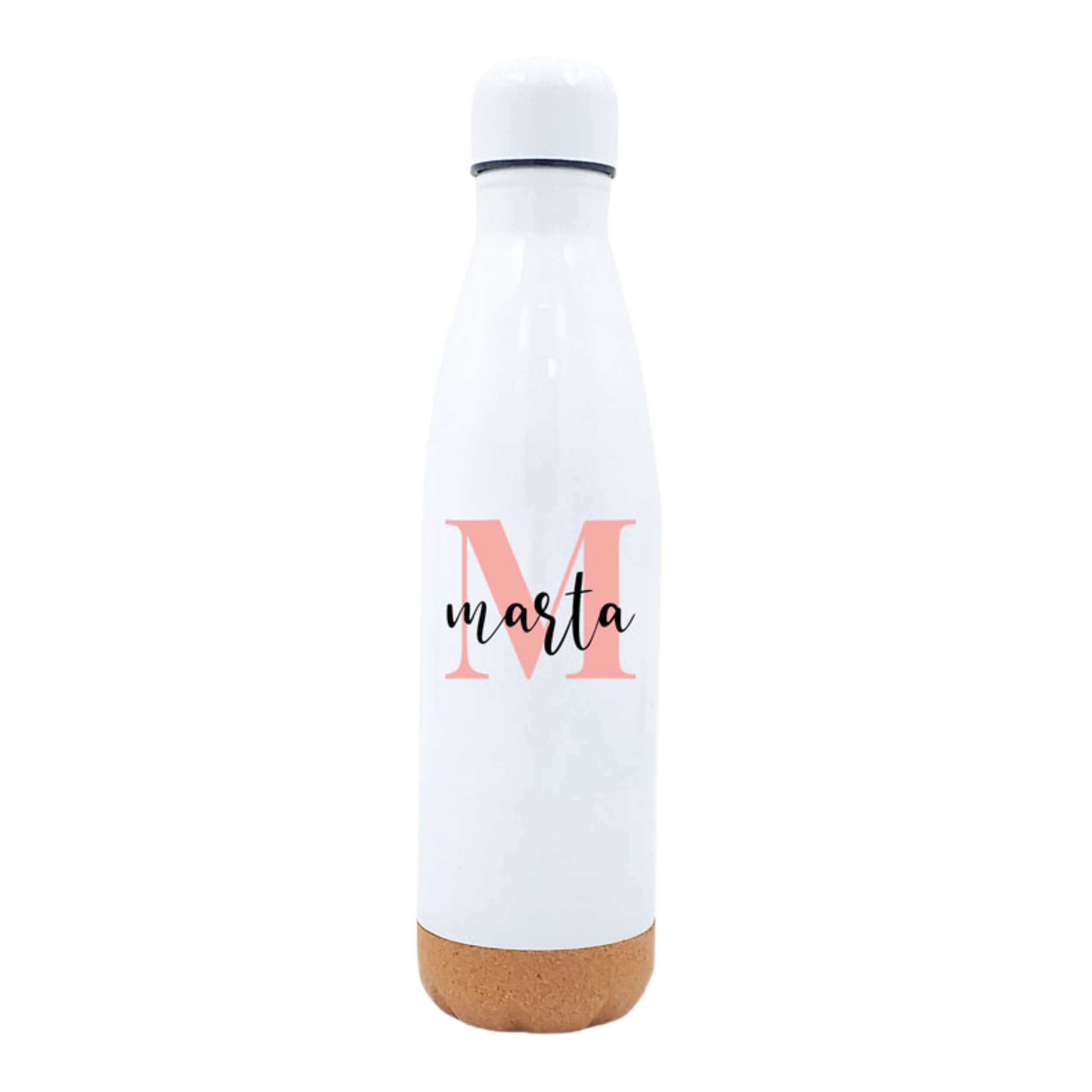 Imagen de botella térmica personaliza con con nombre de Marta en color negro y una M grande en color salmón image number null